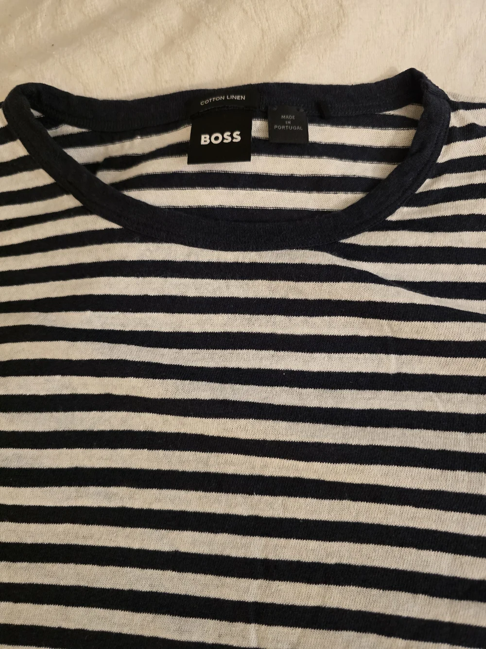 BOSS Men’s Navy and White Stripe Crewneck T-Shirt